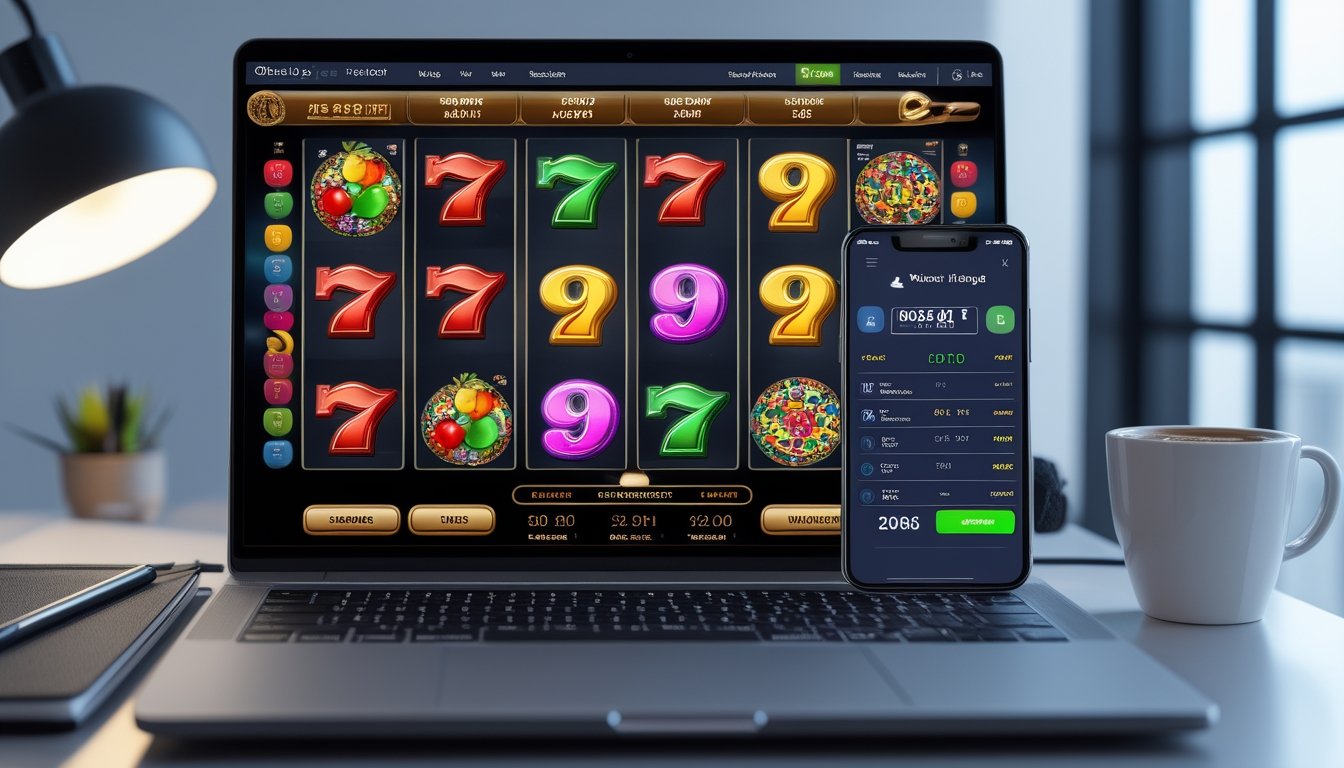 Sebuah meja kerja dengan komputer dan ponsel yang menampilkan permainan slot dan togel online, dikelilingi oleh alat tulis dan secangkir kopi.