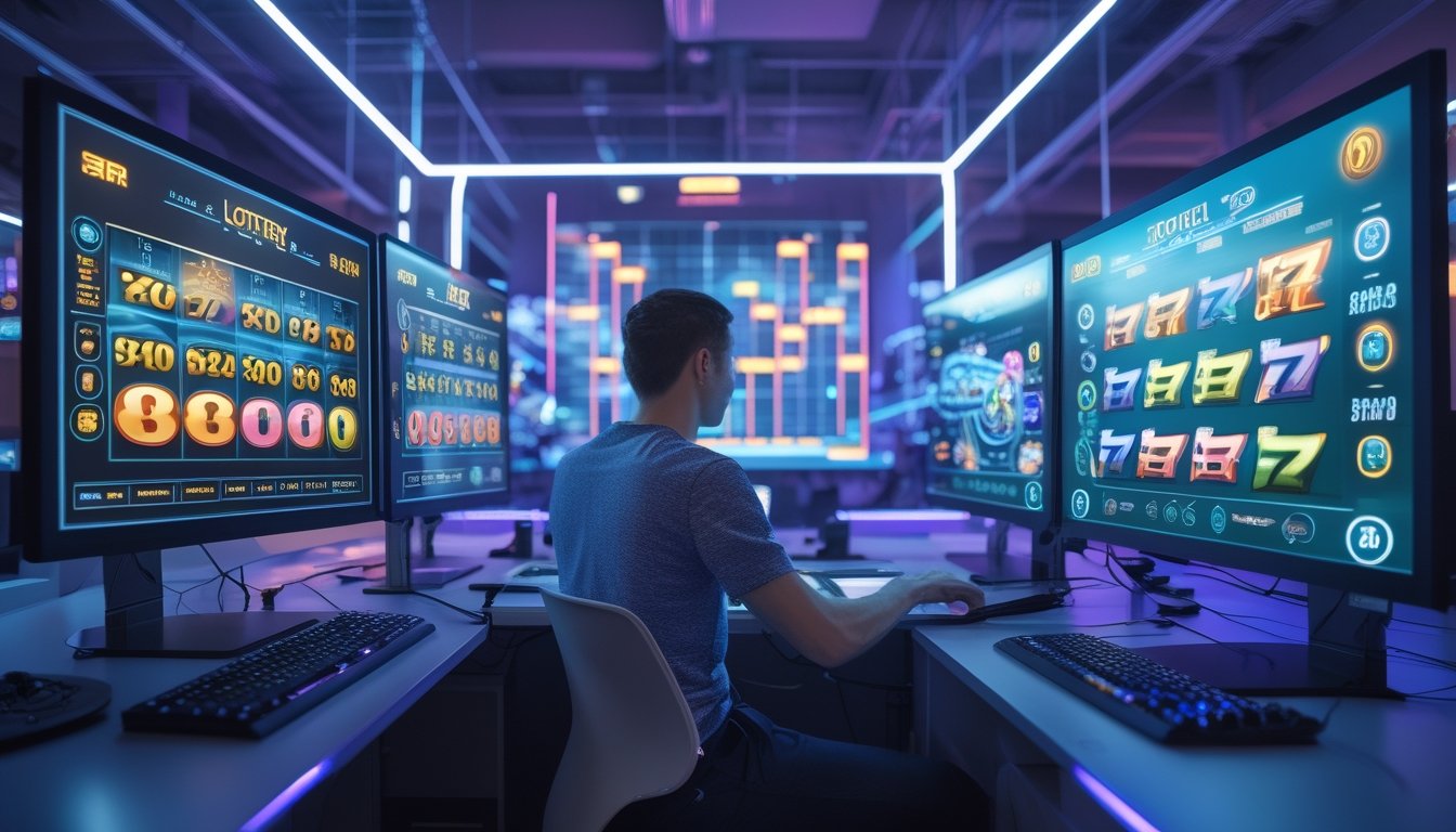Seorang pria menggunakan komputer dengan beberapa layar menampilkan grafik togel dan mesin slot dalam suasana ruangan modern dan teknologi tinggi.