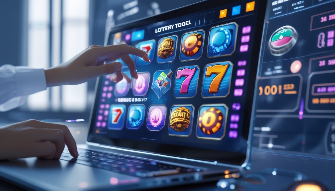 Seorang pengguna berinteraksi dengan layar komputer yang menampilkan platform permainan togel dan slot modern dengan elemen digital dan grafik di sekitarnya.