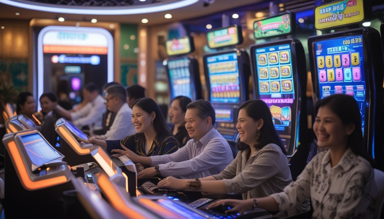 Orang-orang Indonesia bermain mesin slot dan membeli tiket togel di ruang permainan yang cerah dan modern.
