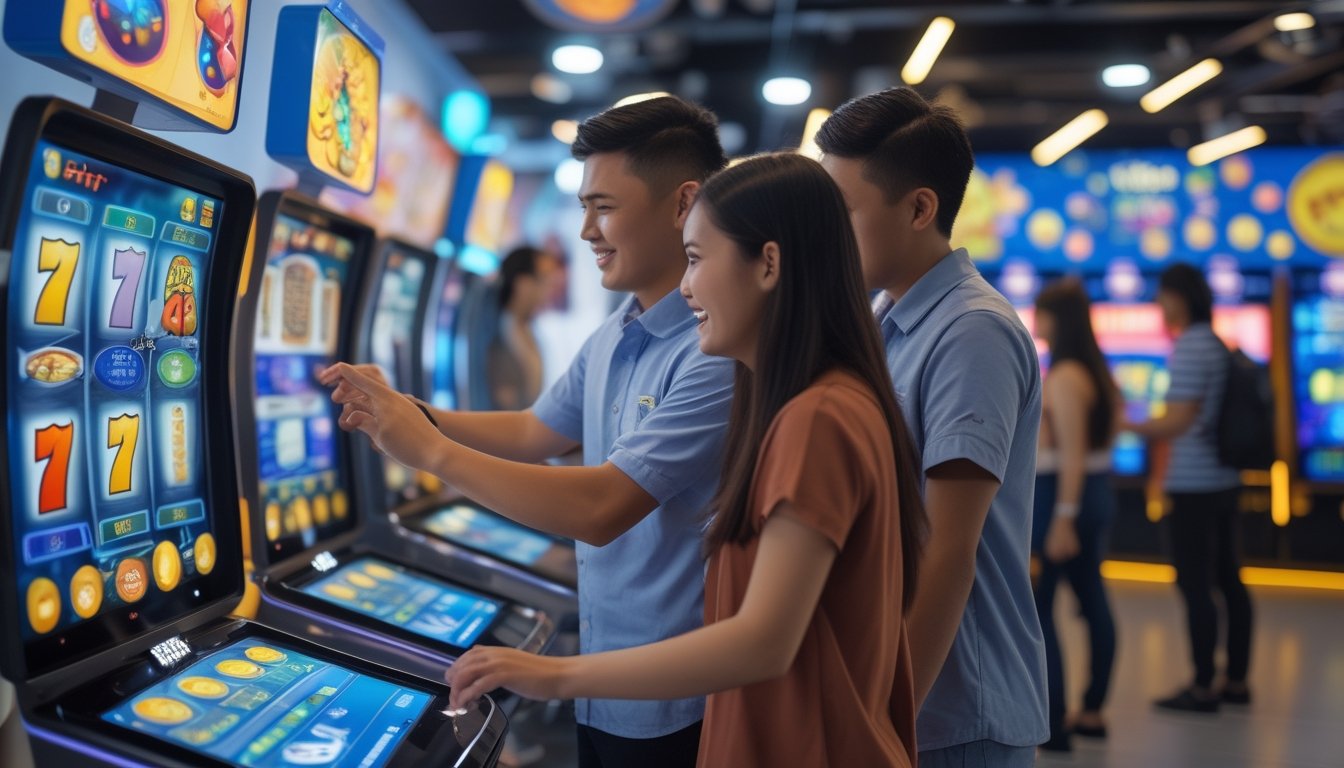 Sekelompok orang muda Indonesia sedang bermain mesin slot dan lotere di lingkungan permainan yang cerah dan modern.