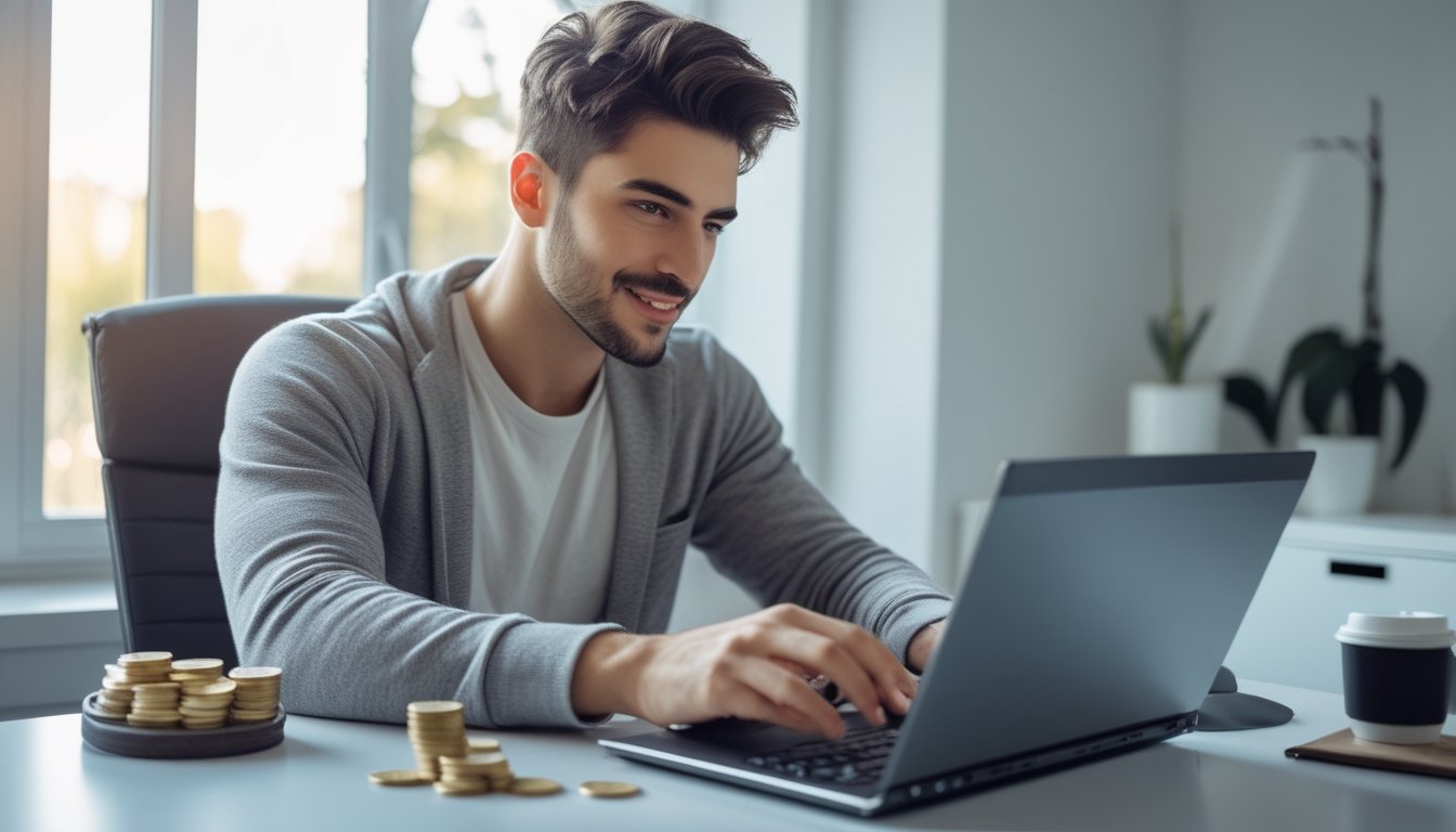 Seorang pria muda duduk di meja modern menggunakan laptop untuk bermain slot online dengan suasana ruangan yang terang dan rapi.