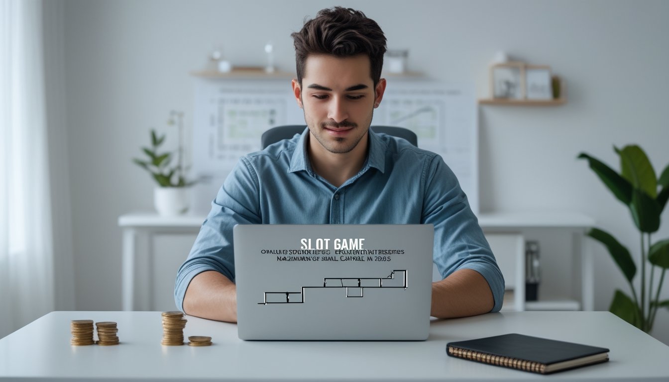 Seorang dewasa muda duduk di meja dengan laptop, fokus menganalisis strategi bermain slot online dengan modal kecil di ruang kerja yang terang dan rapi.