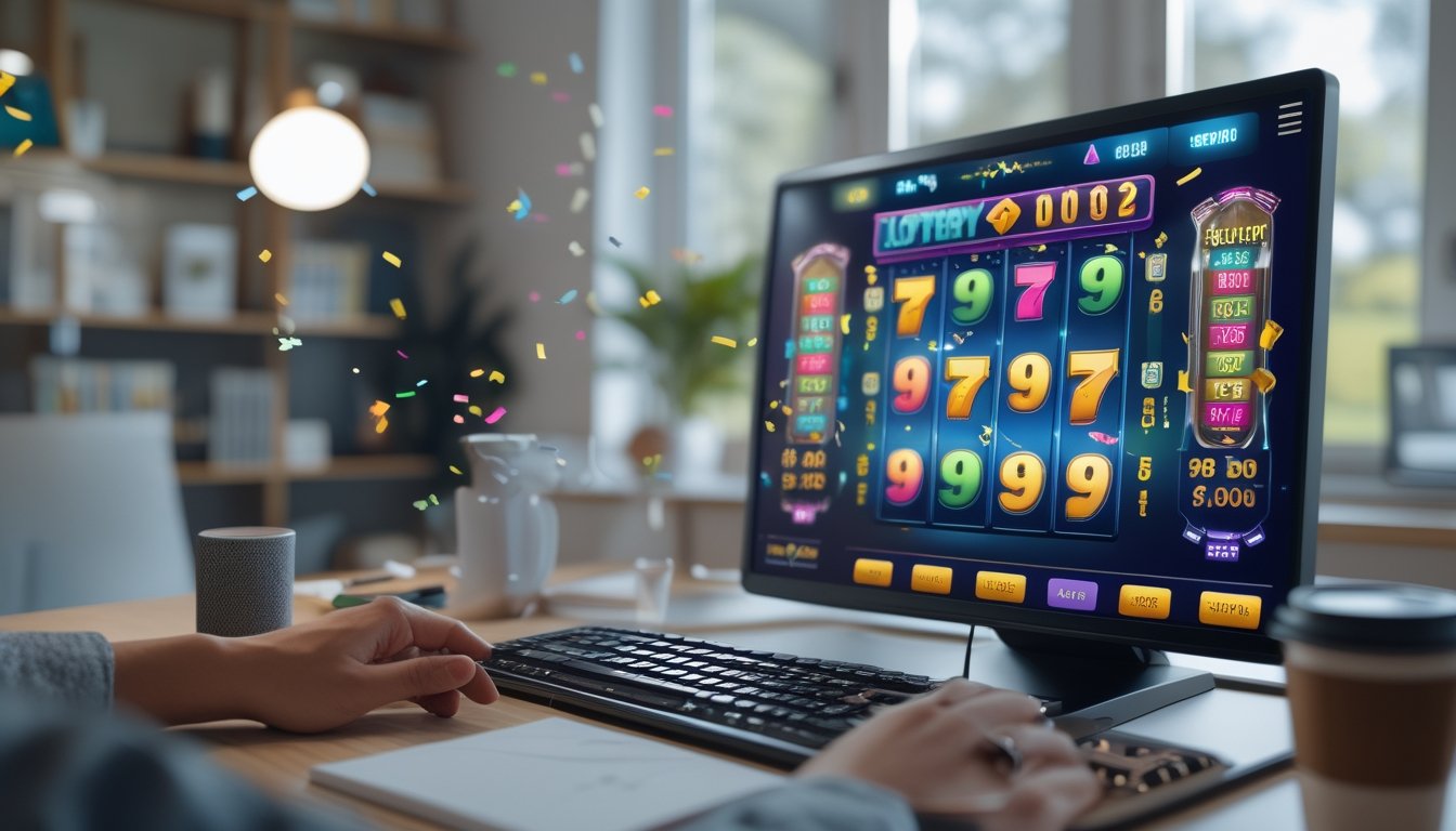 Seseorang sedang bermain permainan slot dan togel online di komputer di ruang kerja yang rapi dan terang.