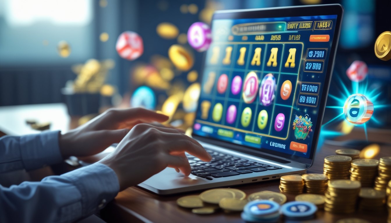 Seseorang menggunakan laptop dengan tampilan permainan slot dan angka togel, dikelilingi koin emas dan hadiah, menunjukkan suasana memilih situs togel slot resmi dengan bonus besar.