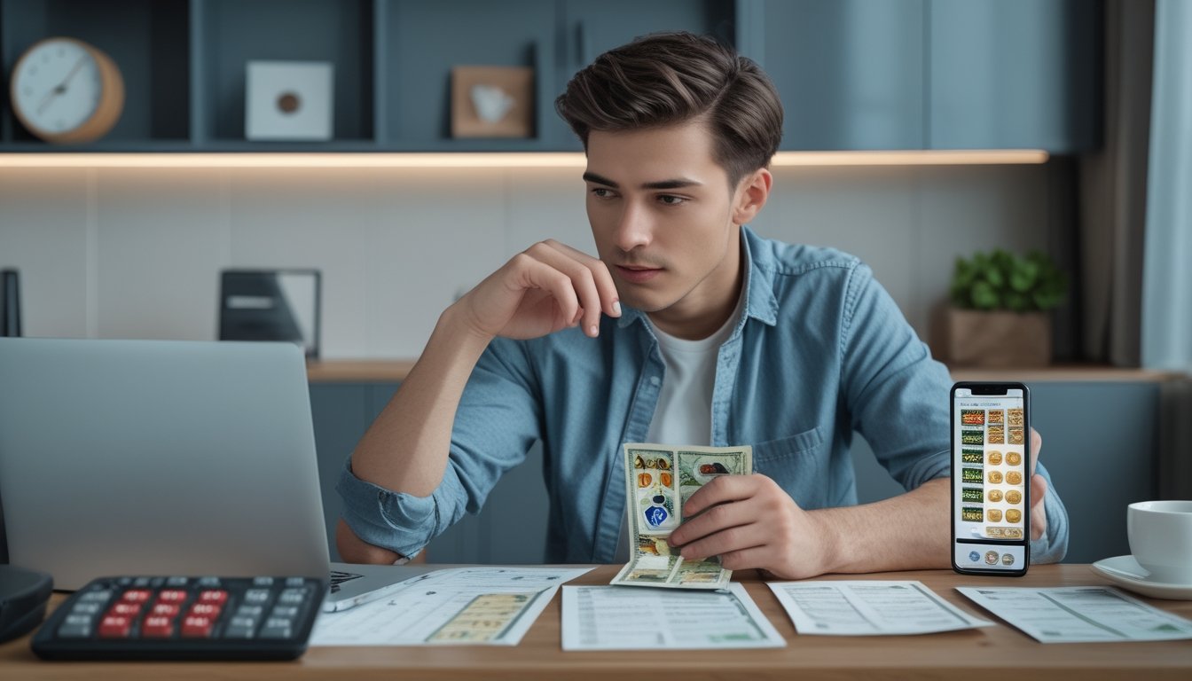 Seorang pria muda duduk di meja dengan laptop, dokumen keuangan, dan kalkulator, sedang mengatur keuangan saat bermain permainan slot togel.