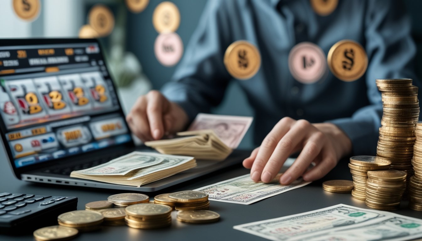 Seseorang sedang mengatur keuangan dengan laptop, tiket togel, kalkulator, dan uang di meja saat bermain slot dan togel.