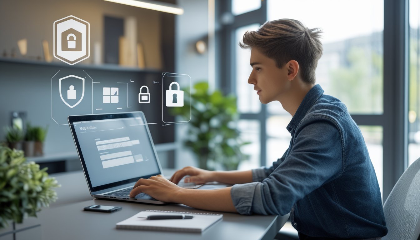Seseorang sedang duduk di meja dengan laptop di kantor modern yang terang, fokus menggunakan komputer untuk mendaftar akun secara online.