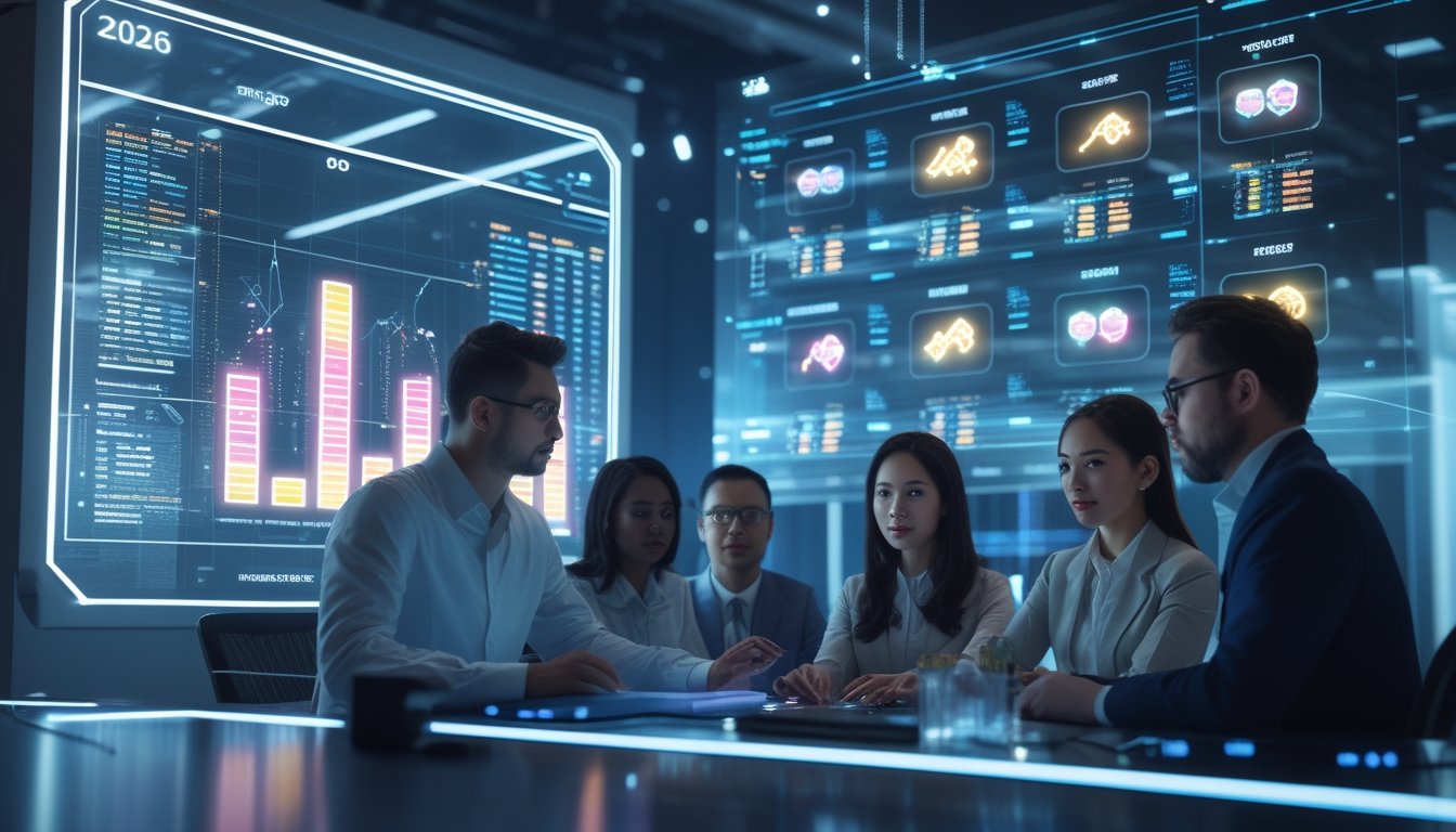 Sekelompok profesional sedang menganalisis data tren permainan togel slot di ruang kantor modern dengan layar digital besar dan grafik futuristik.
