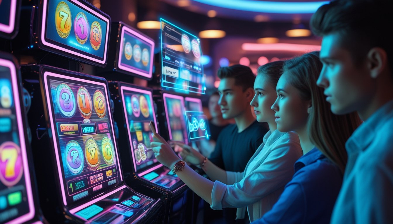 Sekelompok orang muda menggunakan mesin slot digital dan layar holografik dalam suasana kasino modern yang penuh lampu neon.