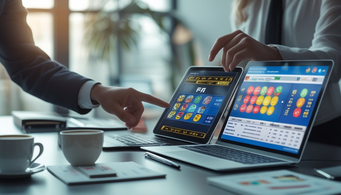 Meja kerja dengan perangkat digital menampilkan pola permainan slot dan grafik prediksi togel, tangan seseorang sedang menunjuk ke layar, suasana kantor yang terang dan fokus.
