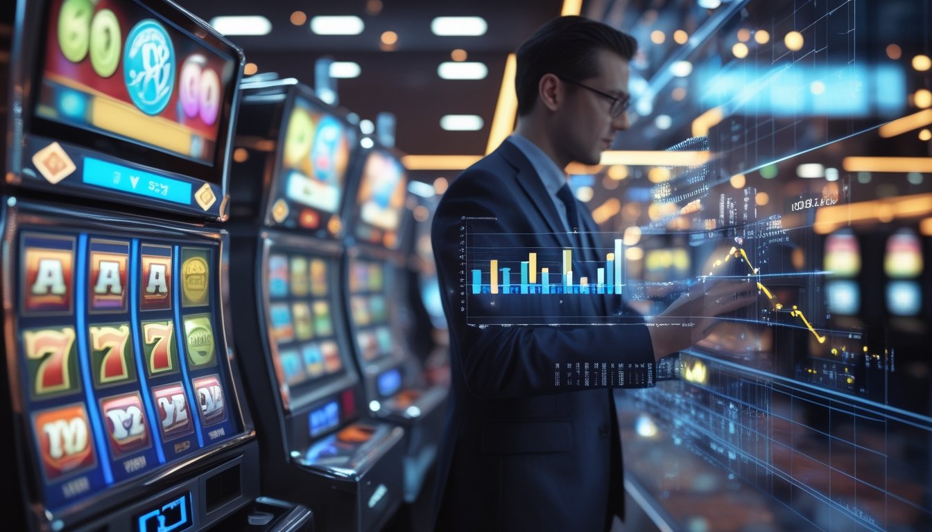Seorang pria sedang menganalisis pola pada layar mesin slot digital dengan grafik data di tangannya di sebuah kasino modern.