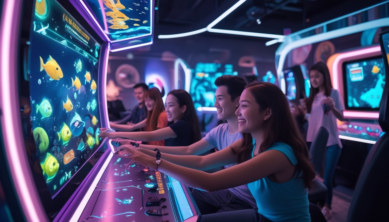 Beberapa orang muda sedang bermain permainan tembak ikan di mesin arcade modern dengan layar berwarna-warni dan latar belakang lounge permainan futuristik.