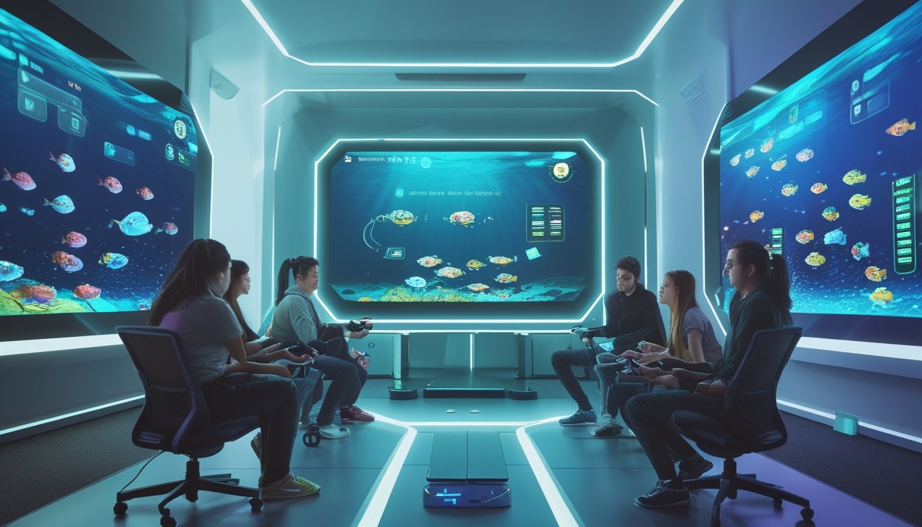 Sekelompok orang muda bermain game tembak ikan dengan layar besar menampilkan ikan berwarna-warni dan fitur level terbaru di ruangan permainan modern.