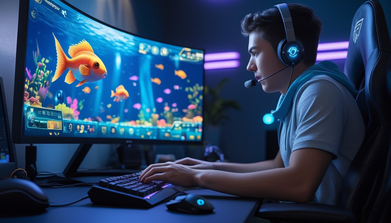 Seorang gamer muda sedang bermain game tembak ikan online dengan layar besar yang menampilkan ikan berwarna-warni dan antarmuka game futuristik di ruangan dengan pencahayaan biru dan ungu.