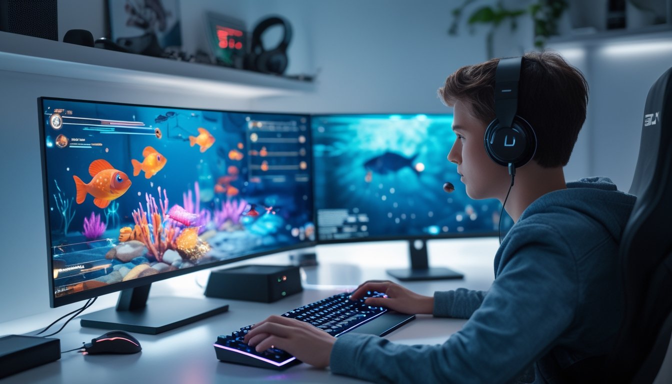 Seorang pemain muda sedang bermain game tembak ikan online di depan komputer dengan layar penuh warna di ruangan gaming yang rapi.