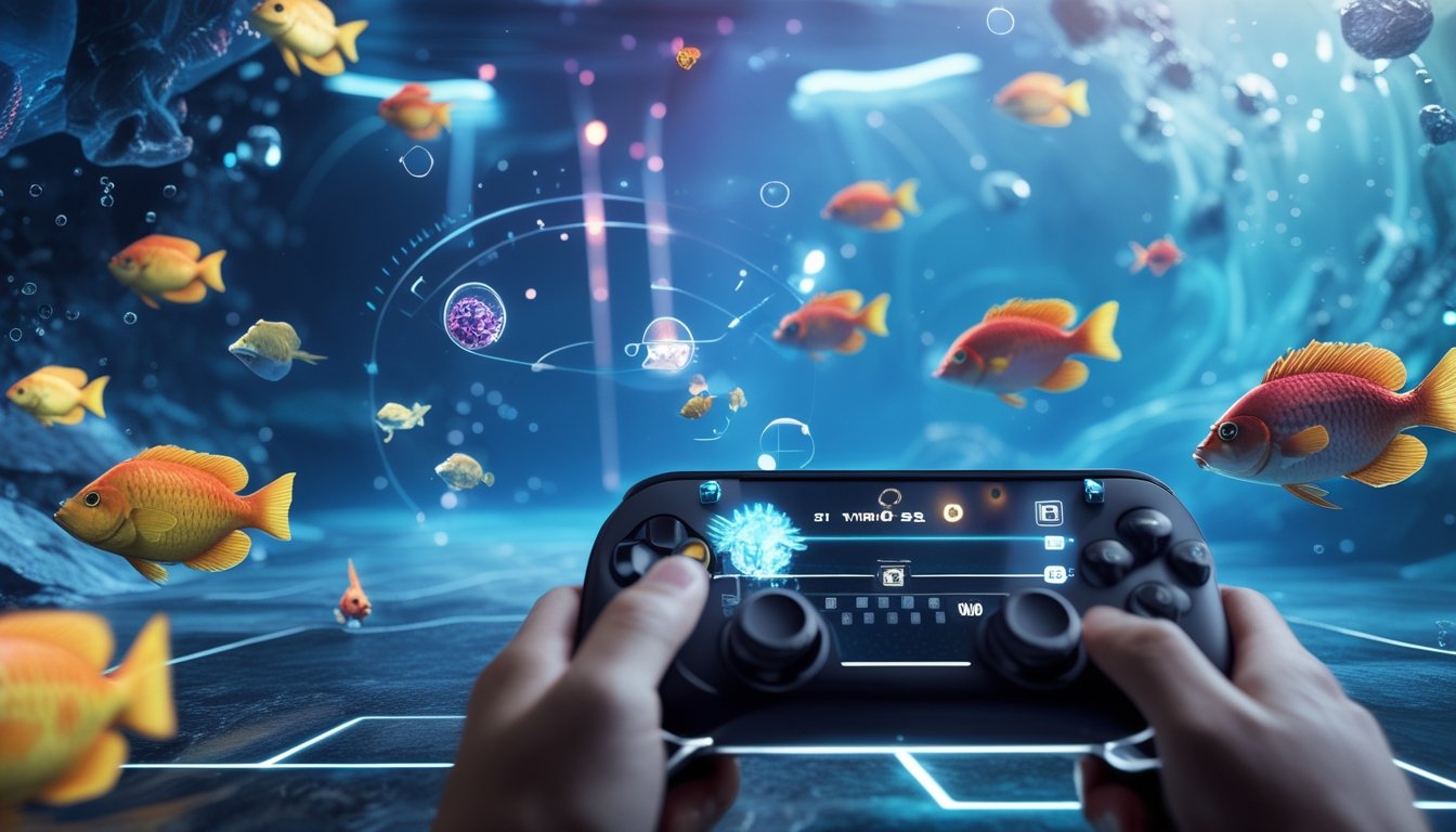 Tampilan antarmuka permainan tembak ikan futuristik dengan berbagai ikan berwarna-warni dan indikator level di latar bawah laut.