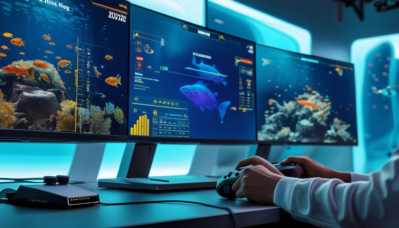 Seorang gamer menggunakan pengontrol di depan monitor yang menampilkan permainan menembak ikan dengan berbagai level senjata dan indikator amunisi.