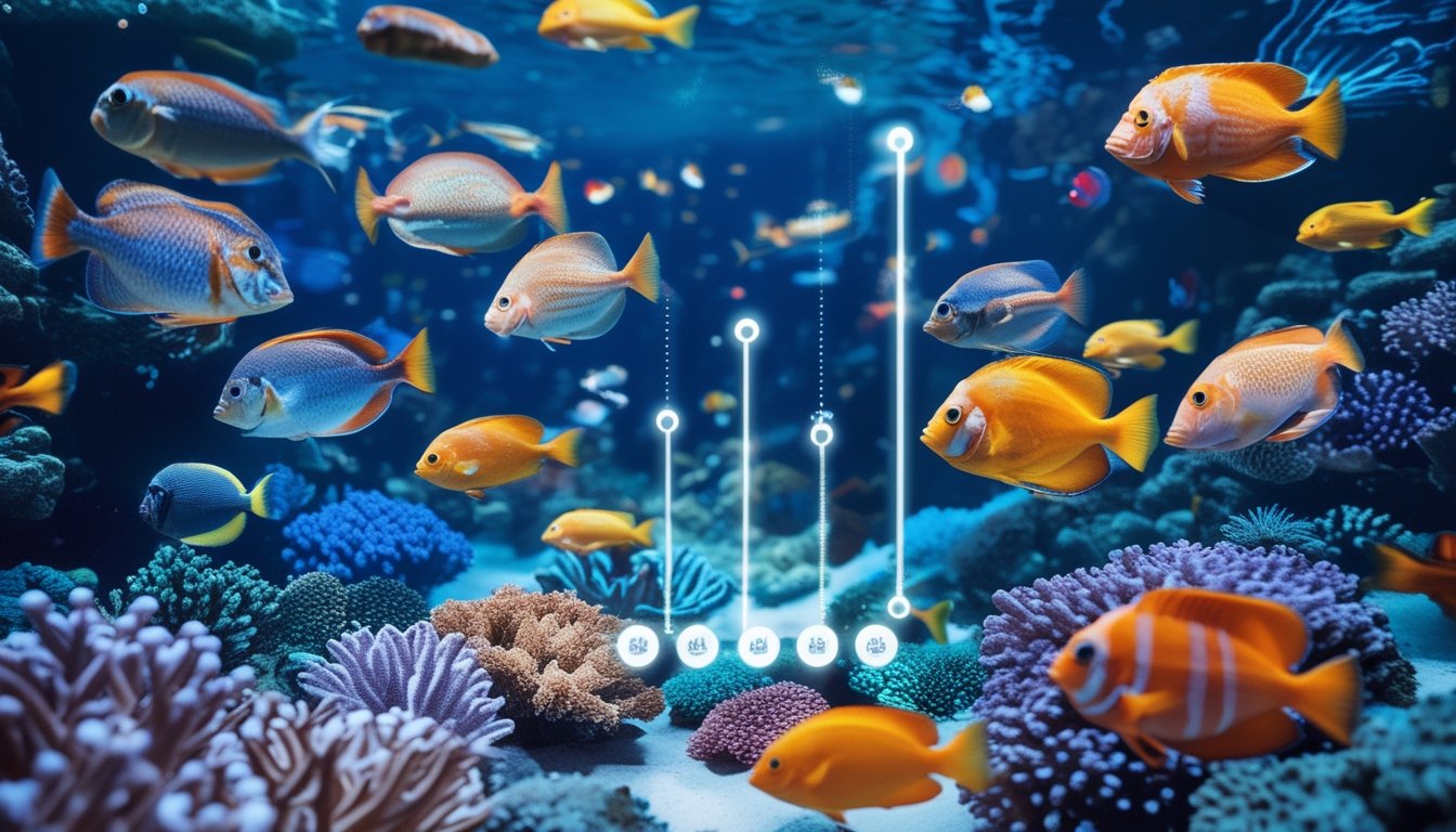 Pemandangan bawah laut dengan berbagai ikan berwarna-warni berenang di sekitar terumbu karang.