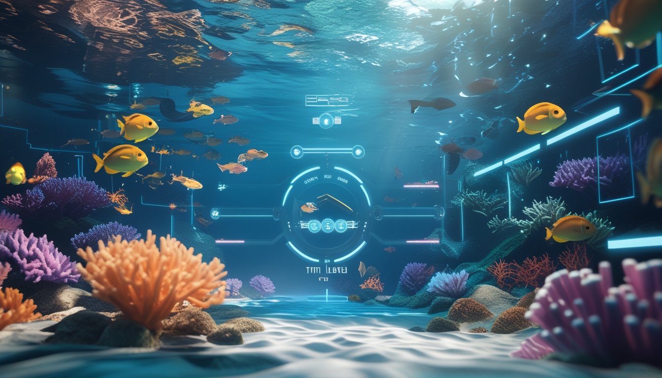 Pemandangan bawah laut dengan terumbu karang berwarna-warni dan ikan-ikan yang berenang, dilengkapi dengan antarmuka permainan futuristik yang menunjukkan indikator level dan skor.