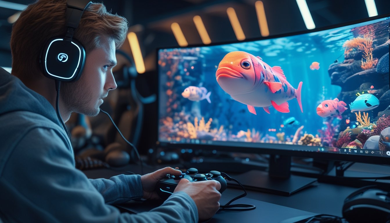 Seorang pemain game sedang fokus bermain game menembak ikan dengan layar menampilkan ikan besar dan warna-warna bawah laut yang cerah.