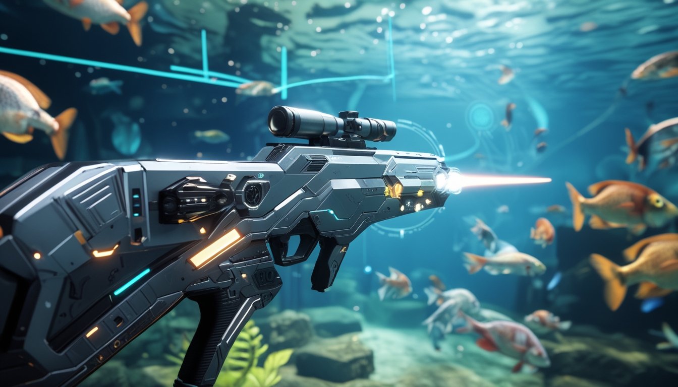 Adegan bawah laut dengan berbagai jenis ikan dan senjata futuristik untuk menembak ikan di permainan.
