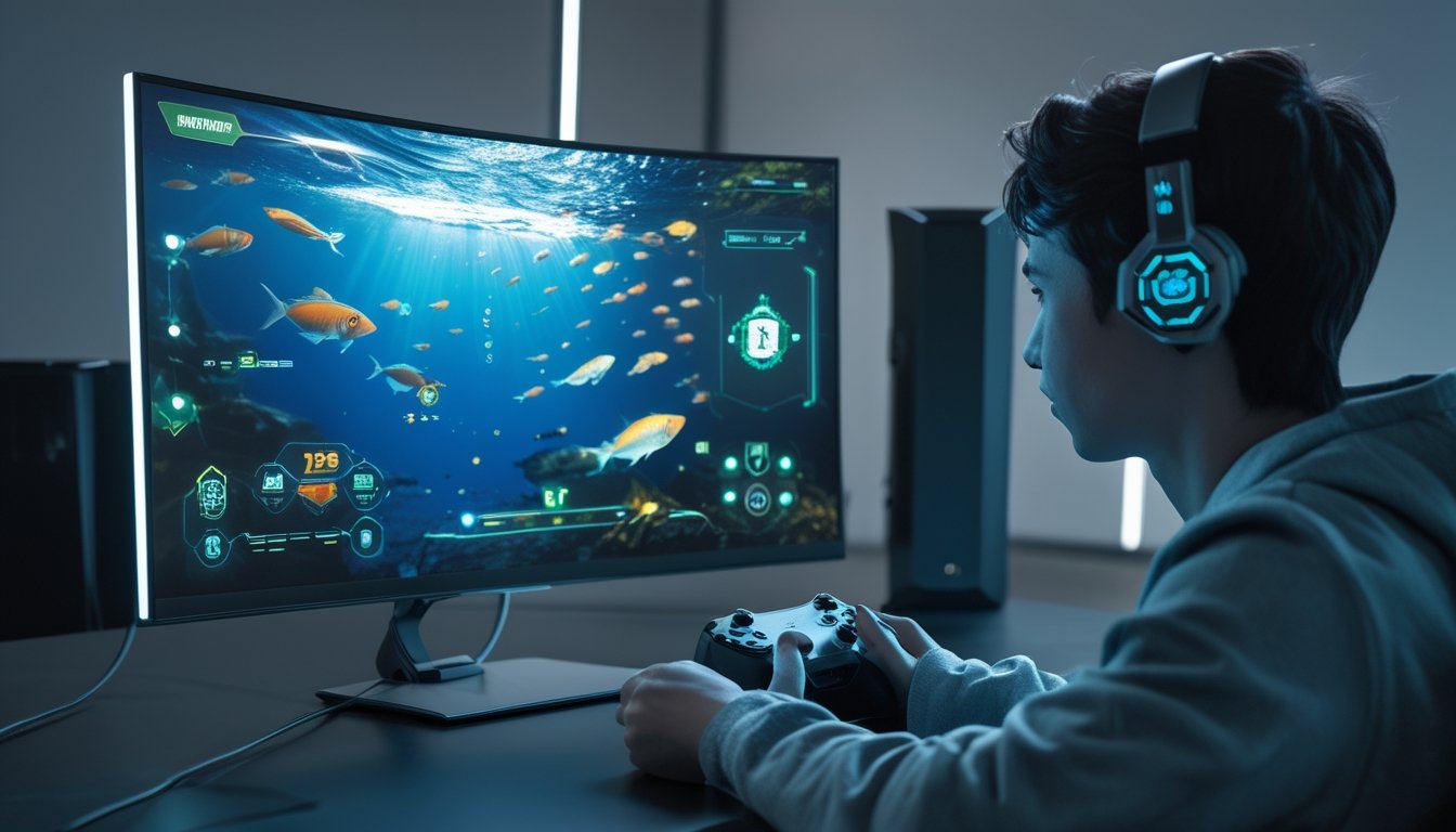 Seorang pemain muda sedang bermain game tembak ikan modern di depan monitor dengan grafis bawah laut yang hidup dan peralatan permainan canggih di ruangan game yang modern.