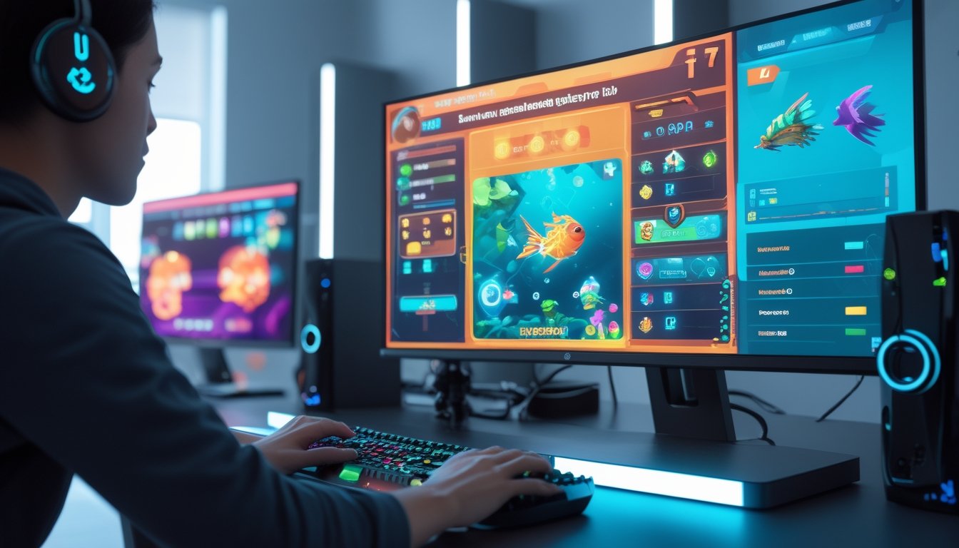 Sebuah meja gaming modern dengan layar menampilkan permainan tembak ikan futuristik dan berbagai fitur level yang berwarna-warni.