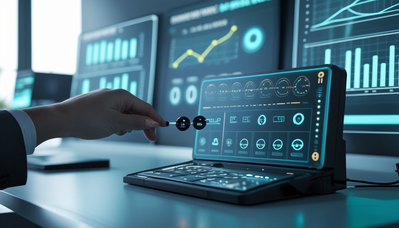 Sebuah ruang kerja modern dengan panel kontrol digital yang menampilkan pengaturan level kekuatan tembakan dan penghematan koin, dengan tangan seseorang sedang mengatur slider.