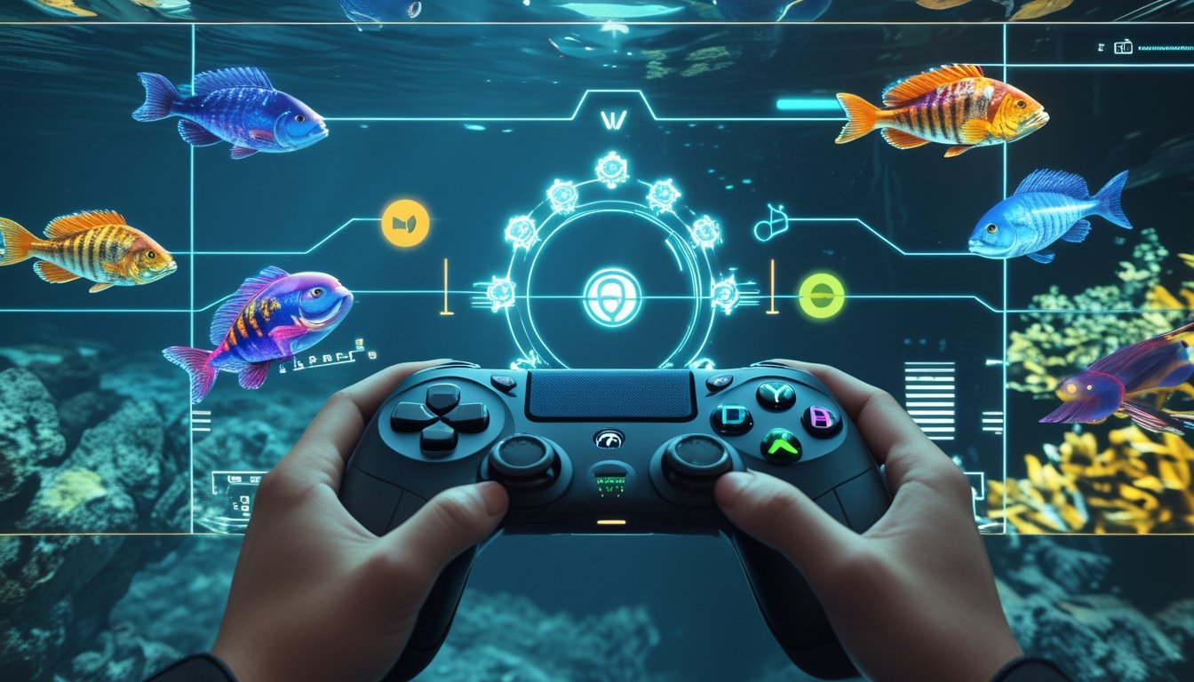 Seorang pemain game memegang pengontrol dengan layar menampilkan ikan dan senjata digital di latar bawah laut.