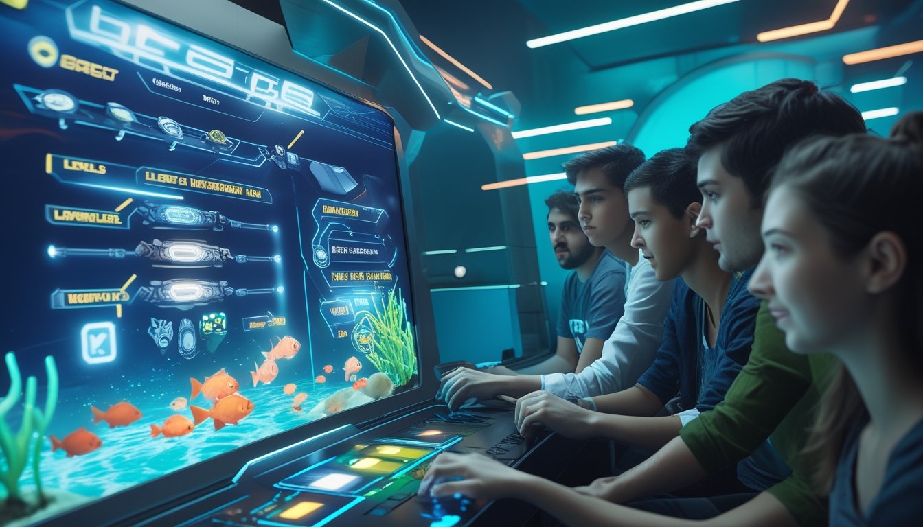 Orang-orang bermain game menembak ikan dengan latar bawah laut penuh terumbu karang dan ikan berwarna-warni.