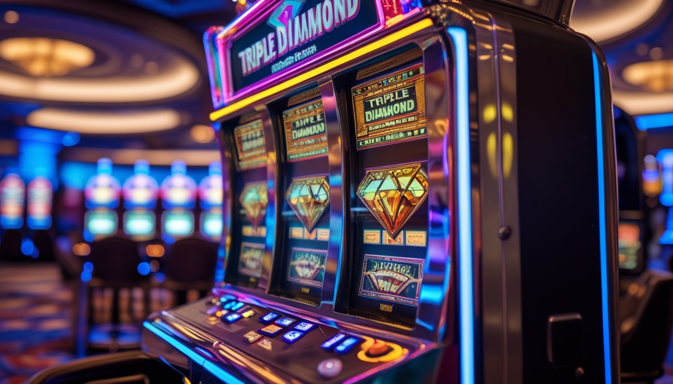 Mesin slot Triple Diamond klasik di dalam kasino dengan lampu warna-warni dan latar belakang kasino yang samar.