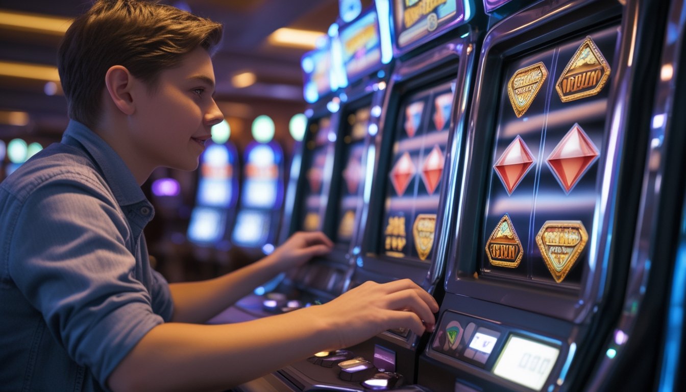 Seorang pemula sedang bermain mesin slot Triple Diamond di dalam kasino yang terang dan modern.