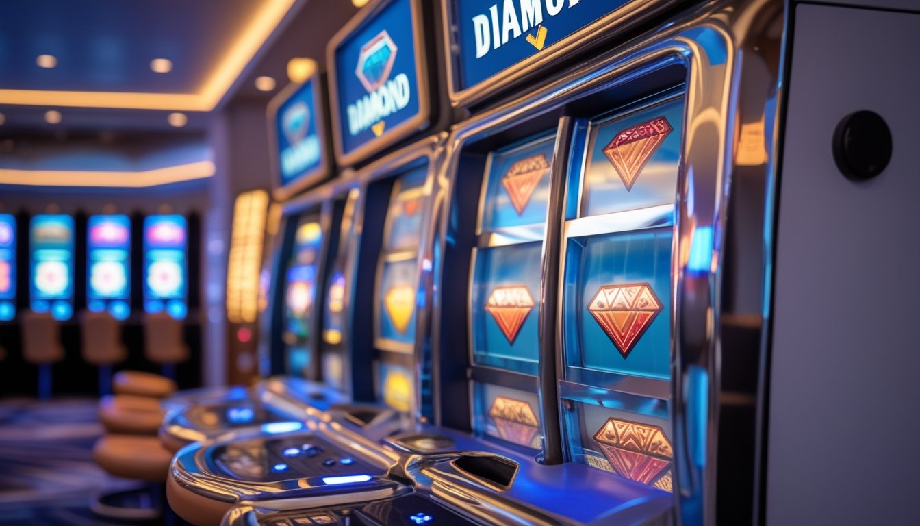Mesin slot Triple Diamond yang menyala di dalam kasino dengan latar belakang area permainan yang rapi dan terang.