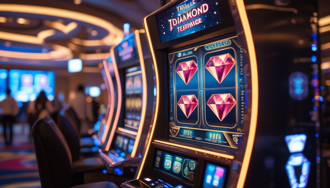 Mesin slot Triple Diamond yang modern dan menyala dengan tiga simbol berlian yang menang, dikelilingi suasana kasino futuristik dengan lampu neon dan pemain yang sedang bermain.