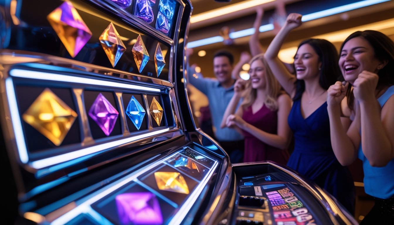 Seorang pemain di kasino sedang bermain mesin slot Triple Diamond dengan simbol berlian yang menyala dan ekspresi kegembiraan di wajah para pemain di latar belakang.
