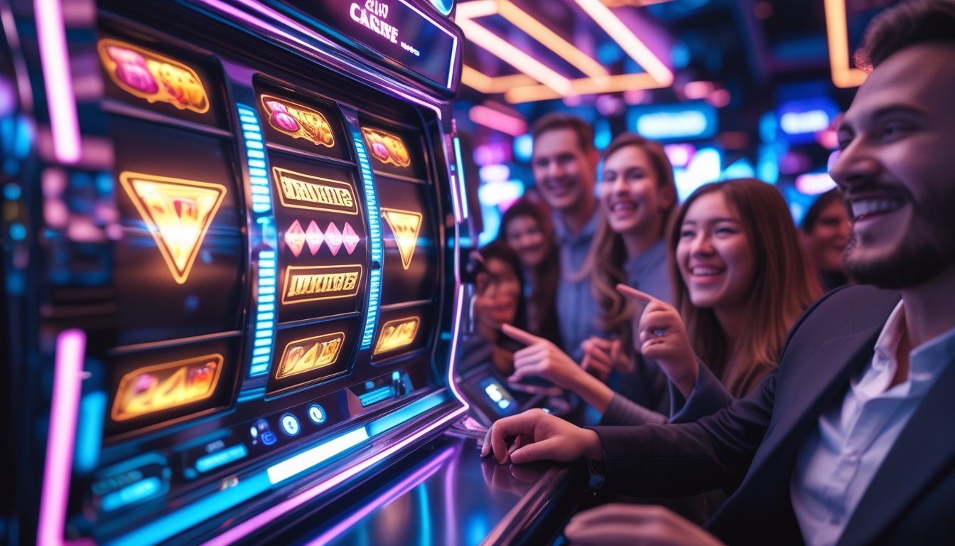 Mesin slot dengan simbol berlian tiga berwarna cerah di kasino online modern dengan pemain yang antusias di latar belakang.