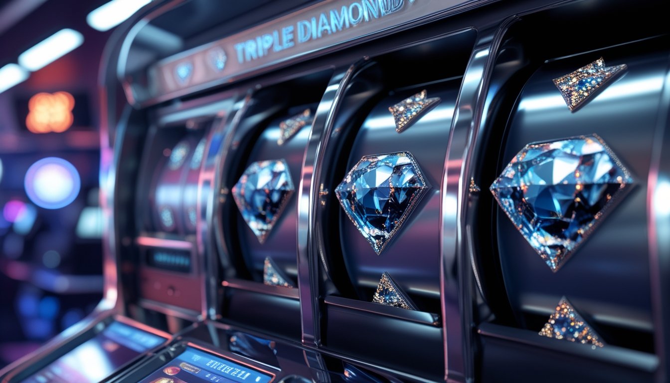 Mesin slot Triple Diamond dengan tiga simbol berlian menyala di tengah, di latar belakang kasino online futuristik.