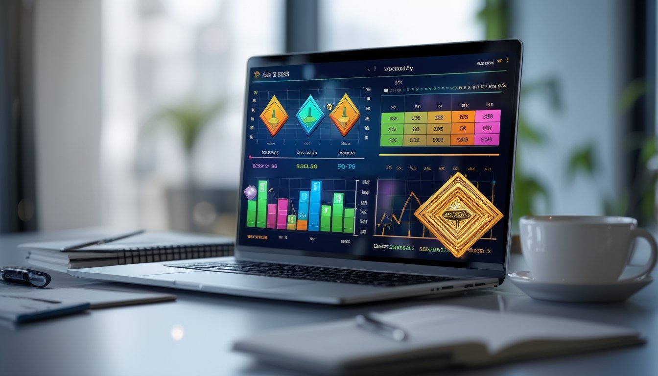 Sebuah ruang kerja modern dengan laptop yang menampilkan grafik dan ikon mesin slot Triple Diamond, di atas meja terdapat buku catatan, pena, dan secangkir kopi.