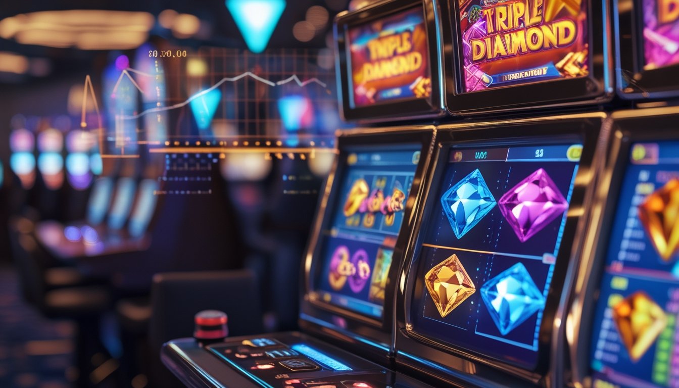 Gambar mesin slot Triple Diamond dengan grafik dan simbol warna-warni di latar belakang kasino.