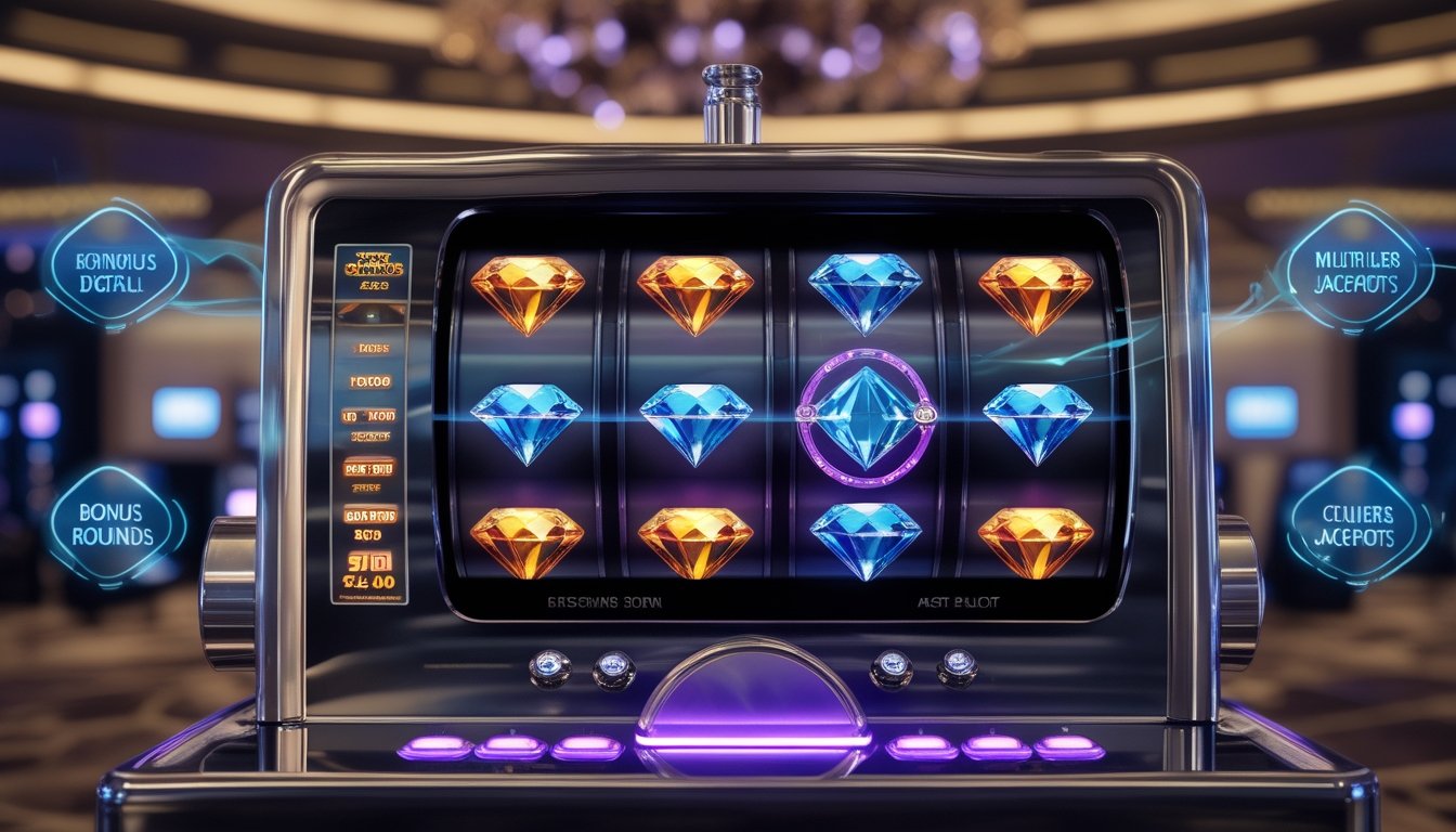 Mesin slot modern dengan simbol berlian tiga yang menyala dan ikon fitur permainan baru di latar kasino.