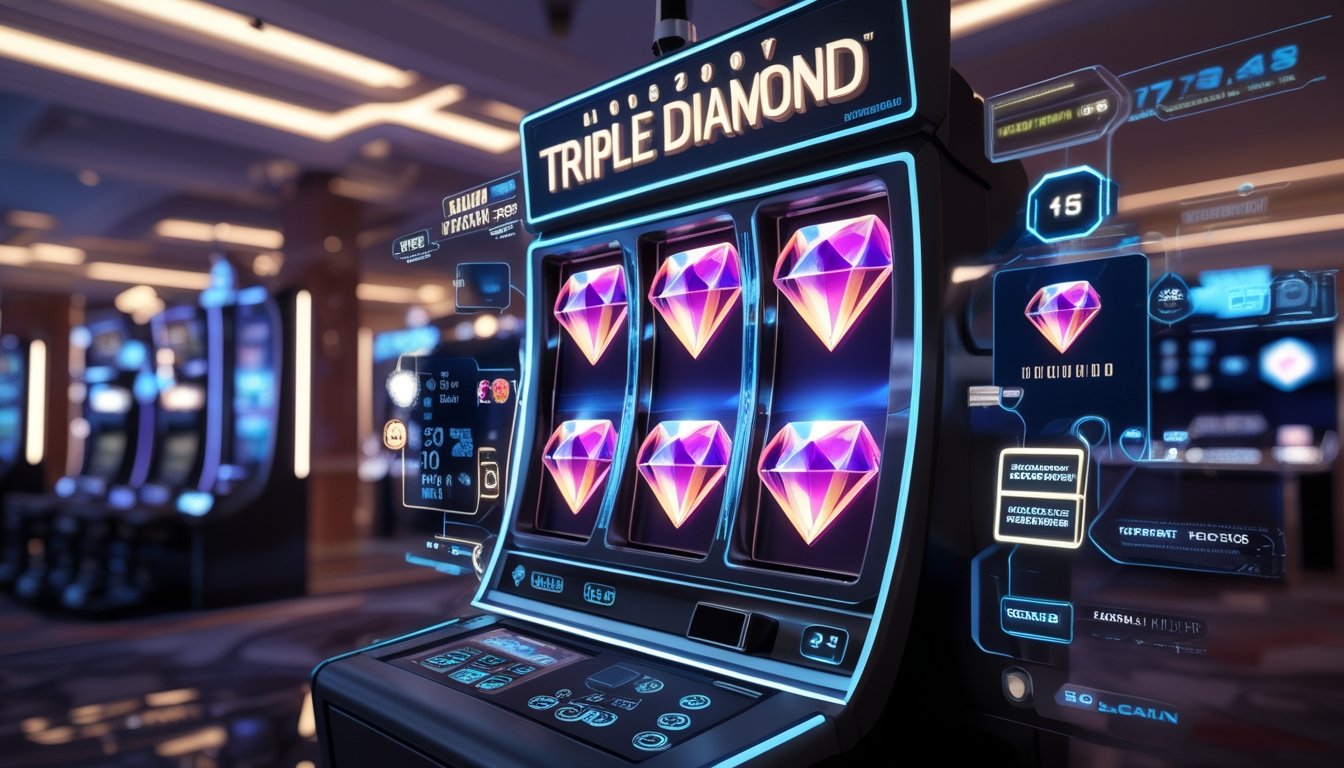 Mesin slot modern dengan simbol berlian tiga yang menyala dan elemen antarmuka digital di latar kasino.