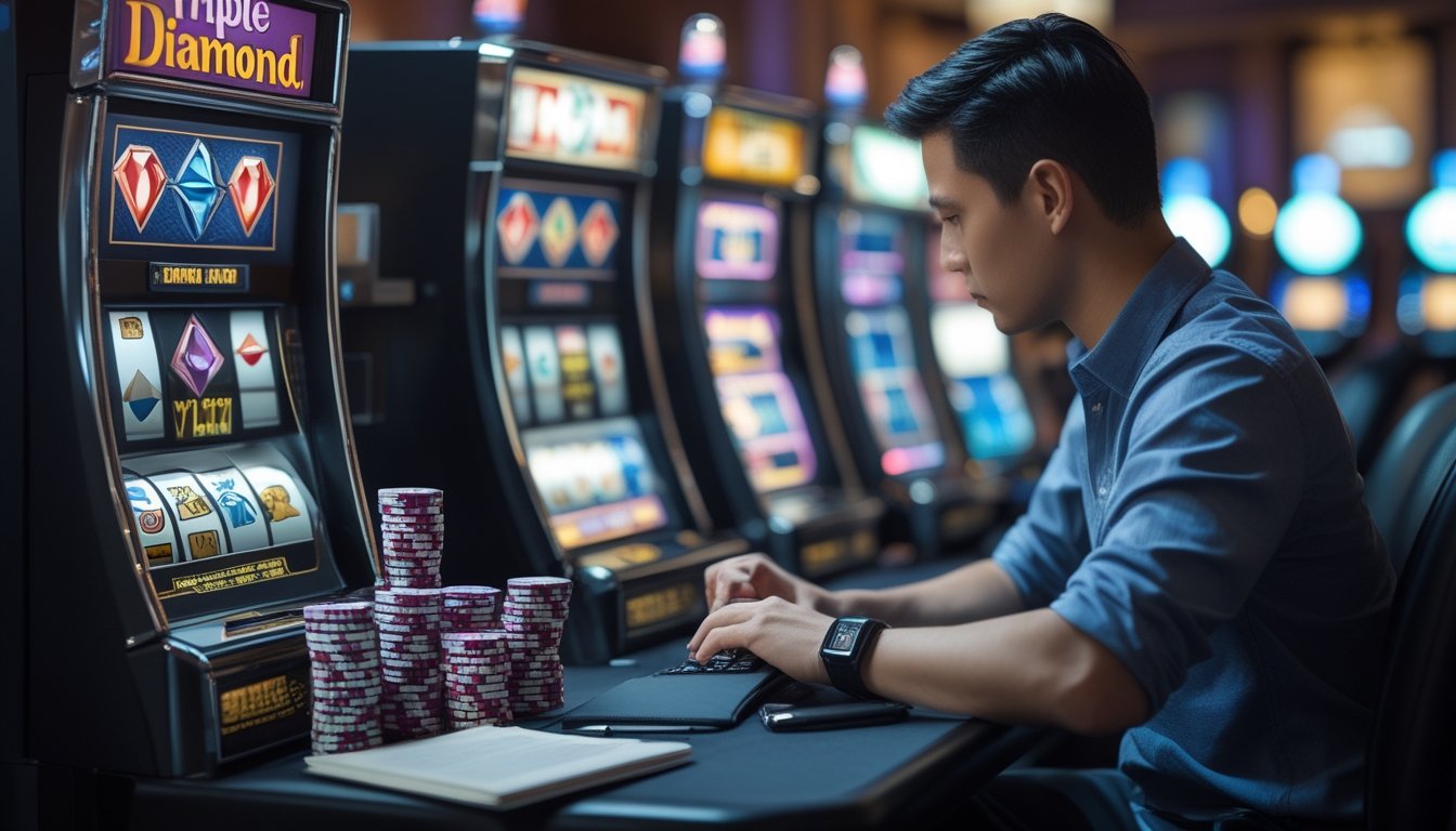 Seseorang sedang mengelola uang di depan mesin slot Triple Diamond di kasino dengan tumpukan uang dan catatan di meja.