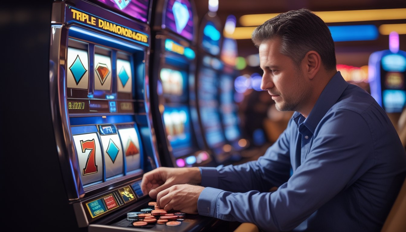Seorang pria dewasa sedang duduk di depan mesin slot Triple Diamond di kasino, menghitung dan mengatur chip taruhan dengan fokus.