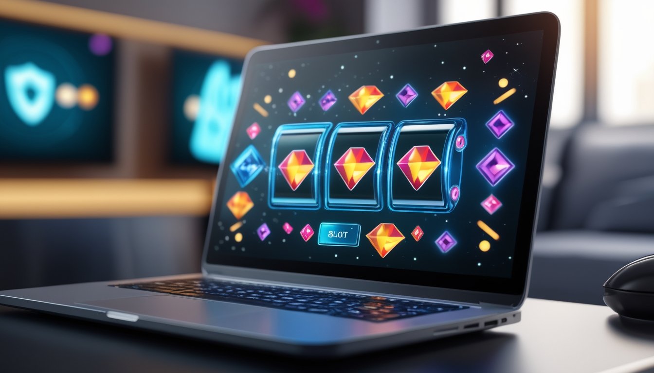Seorang pengguna sedang bermain mesin slot triple diamond di layar komputer dalam ruangan yang nyaman dan modern.