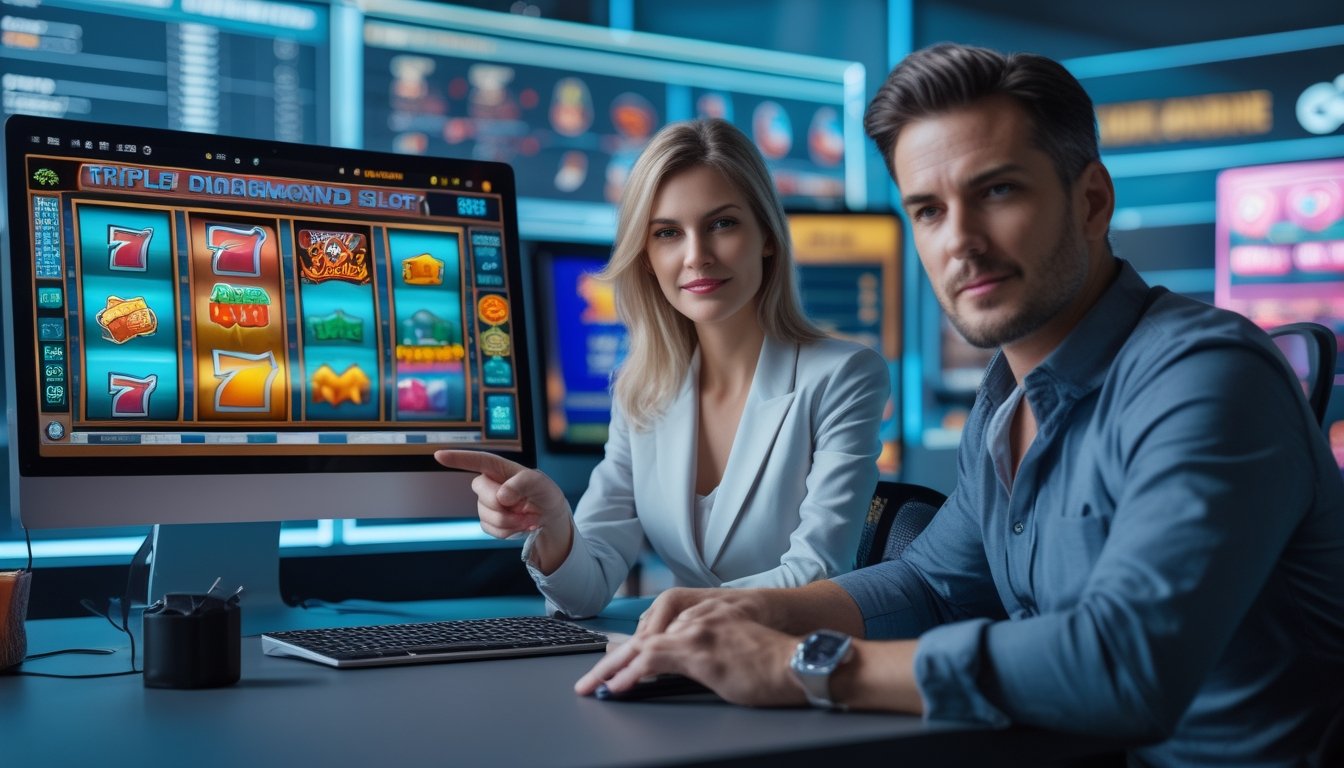 Dua orang dewasa duduk di depan komputer dengan layar menampilkan permainan slot Triple Diamond di kantor modern.