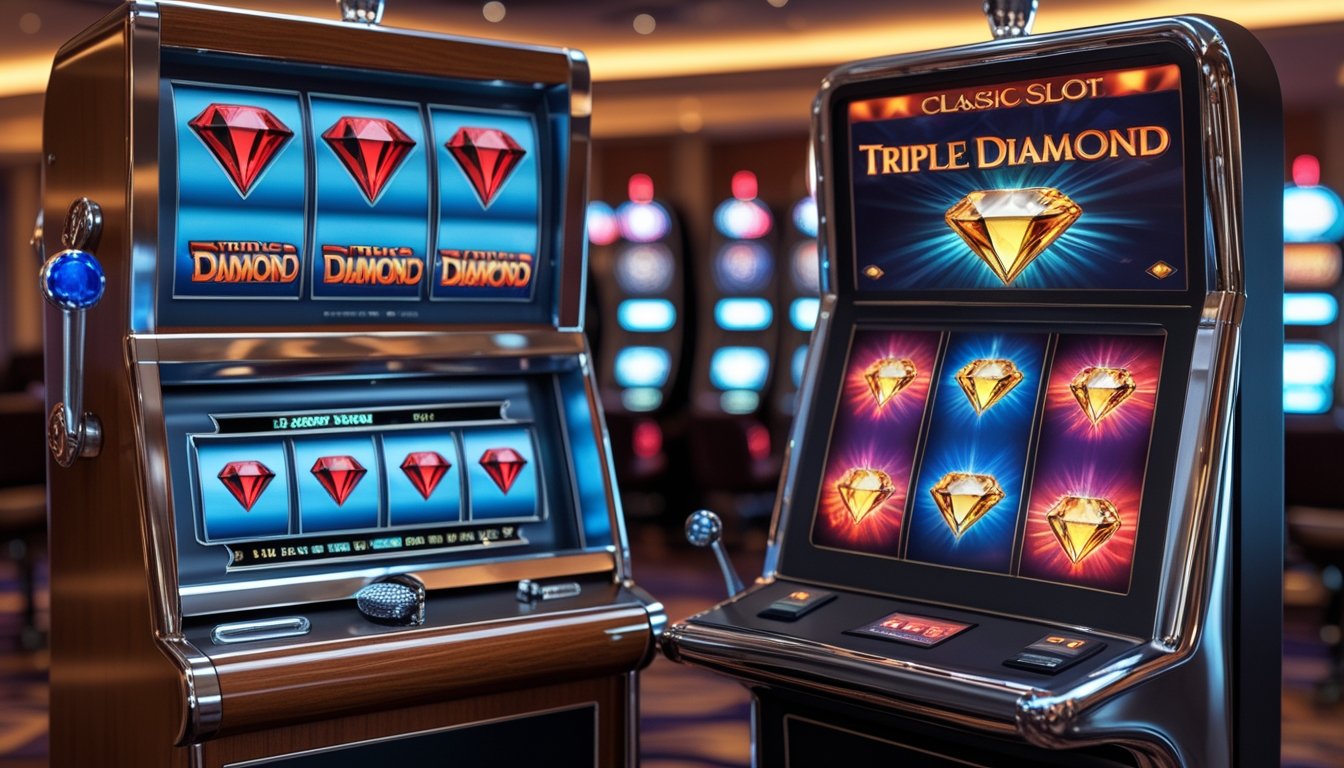 Dua mesin slot berdampingan, satu bergaya klasik dengan bingkai kayu dan tuas mekanik, dan satu bergaya modern dengan layar digital besar, di dalam suasana kasino.