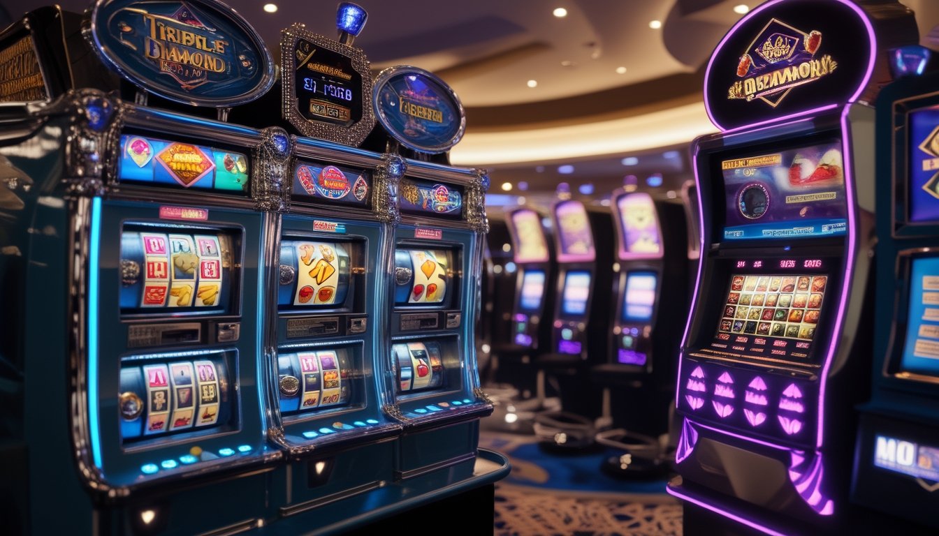 Gambar perbandingan dua mesin slot, satu klasik dan satu modern, di dalam suasana kasino.