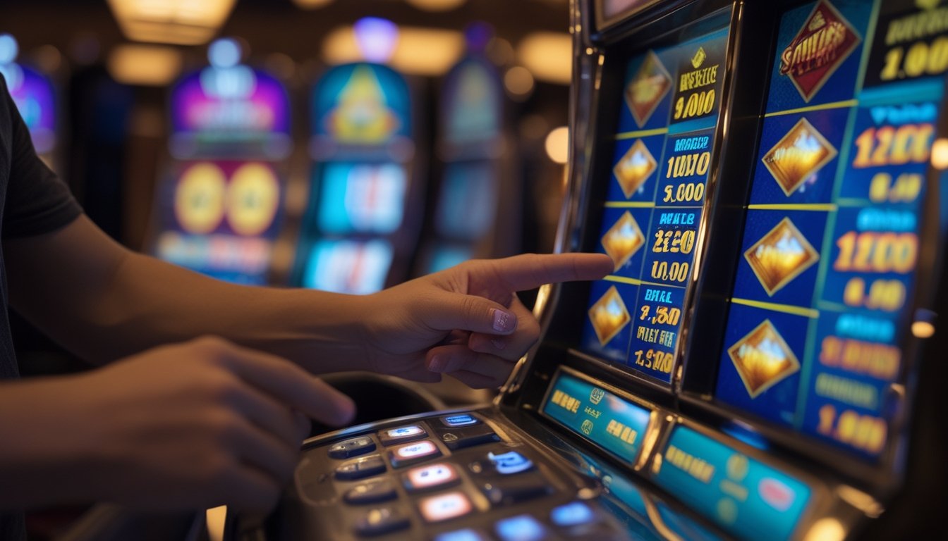 Seseorang sedang melihat dengan seksama tabel pembayaran pada mesin slot Triple Diamond di dalam kasino.