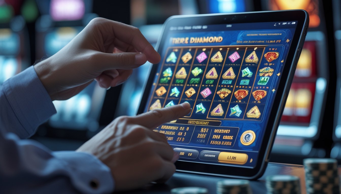 Seseorang sedang melihat tabel pembayaran mesin slot Triple Diamond di layar tablet dengan latar belakang suasana kasino.